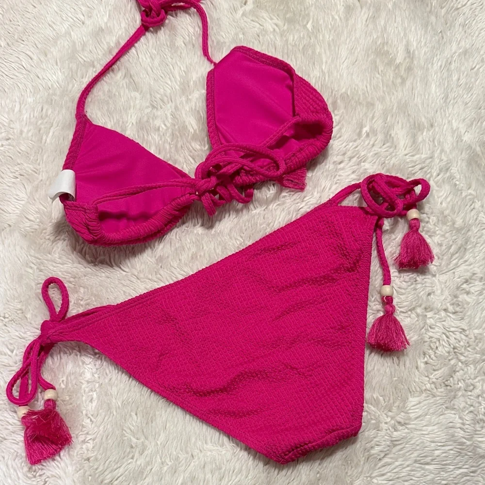 Lucky , Hot Pink Tassel Tie Bikini Set